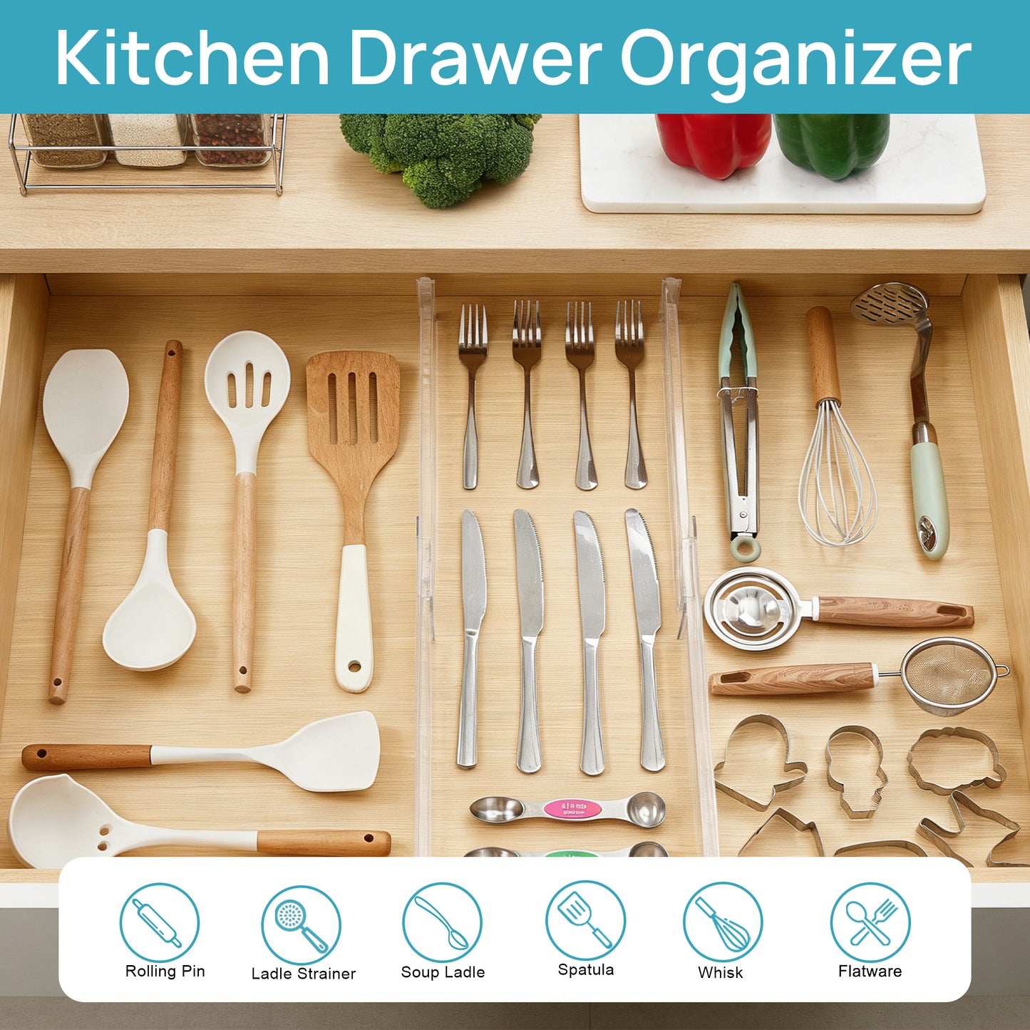 Sindcom 6 Pack Drawer Dividers for Kitchen, Adjustable 2.3" High Expandable from 12.9"-21.4" Drawer Organizer