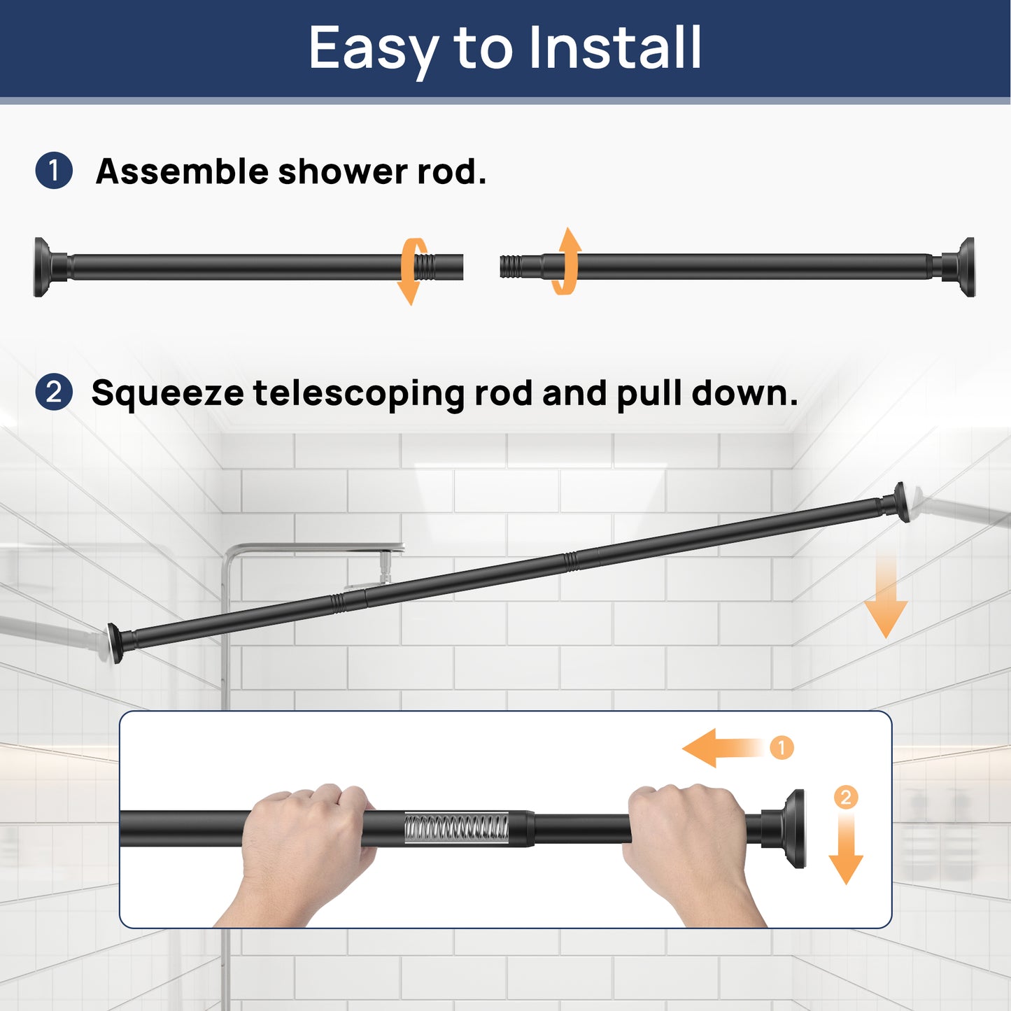 Sindcom No Drill Shower Curtain Rod 30 to 88 Inches Matte Black, 1 Inch Stainless Steel Adjustable Spring Tension Rods No Drill for Bathroom, Closet, Window, Room Divider, Never Rust, Non Slip