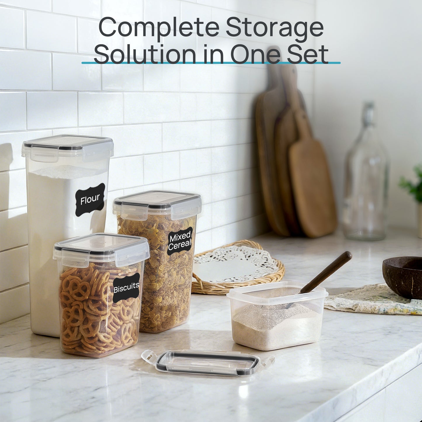 Sindcom Airtight Food Storage Containers with Lids, 24 pcs Plastic Kitchen and Pantry Organization Canisters for Cereal, Dry Food, Flour and Sugar, BPA Free, Includes 24 Labels，Black