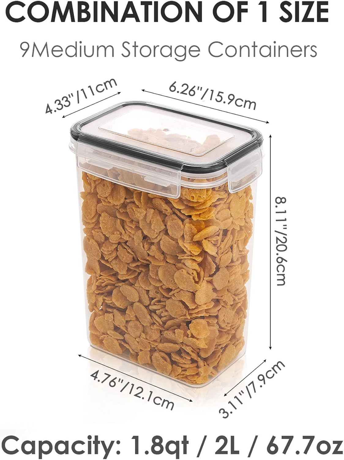Sindcom Set of 9 Airtight Food Storage Containers with Lids,Plastic Kitchen Pantry Organizers and Flour Storage,Dry Food Keepers, 2L Cereal Containers with 24 Labels,Black