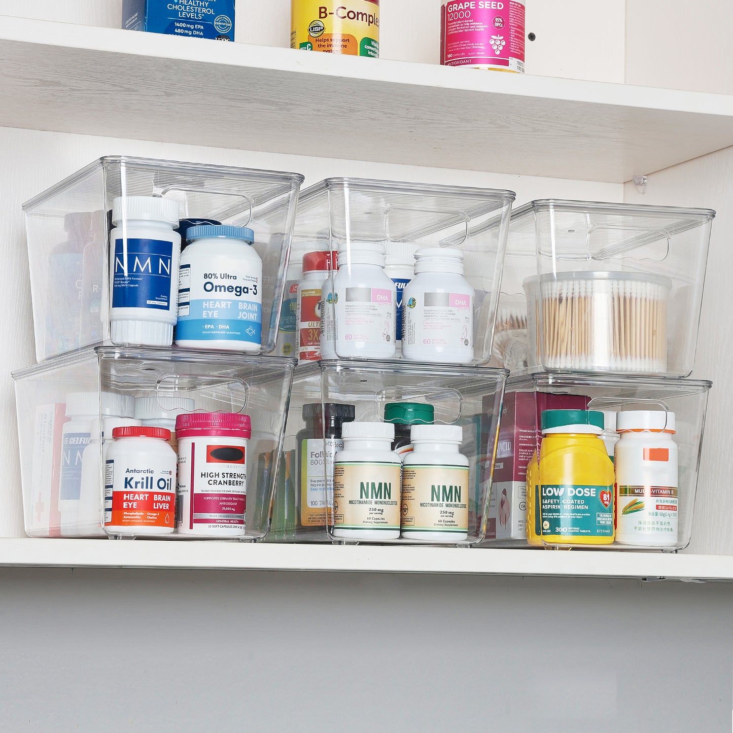 Sindcom 6 Pack Clear Plastic Storage Bins with Lids, Pantry Organizer, for Cabinet, Kitchen, Medium