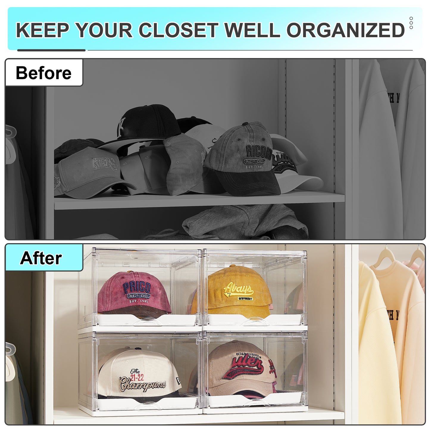 Sindcom 2 Pack Hat Organizer for Baseball Caps, Clear Hat Holder Box with Drawer, Large Hat Storage with Sliding Tray, Stackable Rack Display Case with Magnetic Door, Each Holds 12 Hats