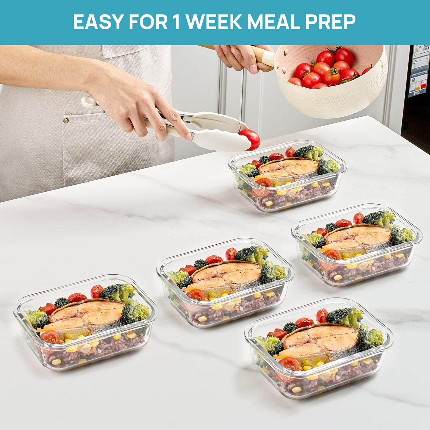 Sindcom 5Pack 22oz Glass Storage Containers with Lids, Glass Meal Prep Food Container Sets with Snap Airtight Lids for Microwave, Oven, Freezer and Dishwasher Colorful