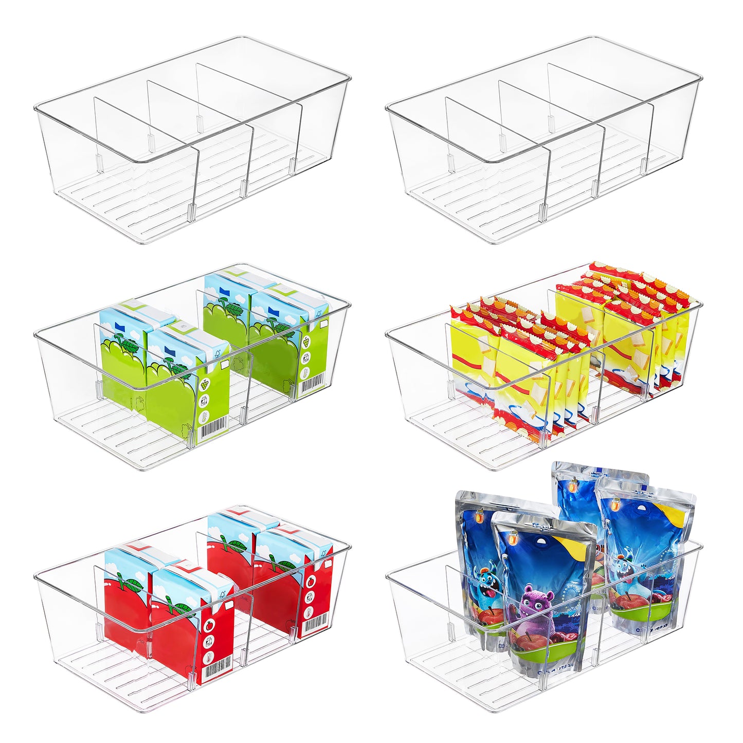 Sindcom 6 Pack Food Storage Organizer Bins, Clear Plastic Bins for Pantry, Kitchen, Fridge, Cabinet Organization and Storage, 4 Compartment Holder Packets, Snacks, Pouches, Spice Packets