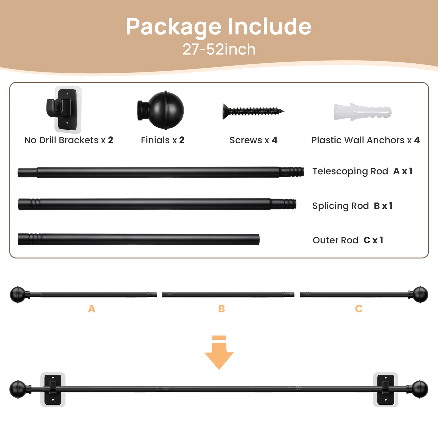 Sindcom No Drill Curtain Rods for Window 27 to 48 Inches, 5/8 Inch Diameter Renter Friendly Drapery Rod with Adhesive Brackets without Drilling, Adjustable from 27 to 52 Inches, Black