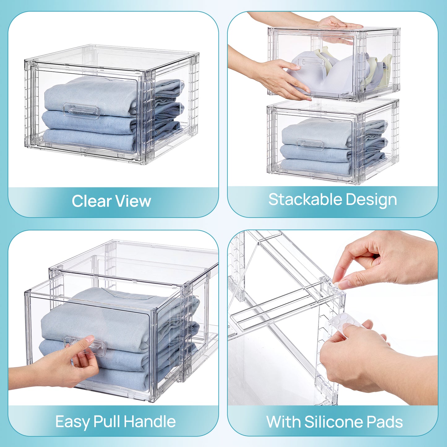 Sindcom 4 Pack Medium 18QT Clear Stackable Storage Drawers,Easily Assemble Closet Organizers,Plastic Storage Bins for Bathroom,Cabinet,Kitchen Pantry,Under Sink Organization