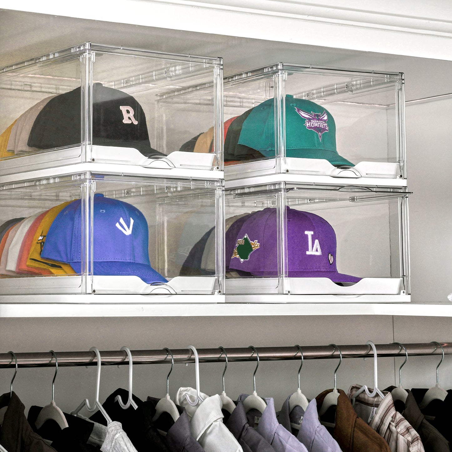 Sindcom 2 Pack Hat Organizer for Baseball Caps, Clear Hat Holder Box with Drawer, Large Hat Storage with Sliding Tray, Stackable Rack Display Case with Magnetic Door, Each Holds 12 Hats