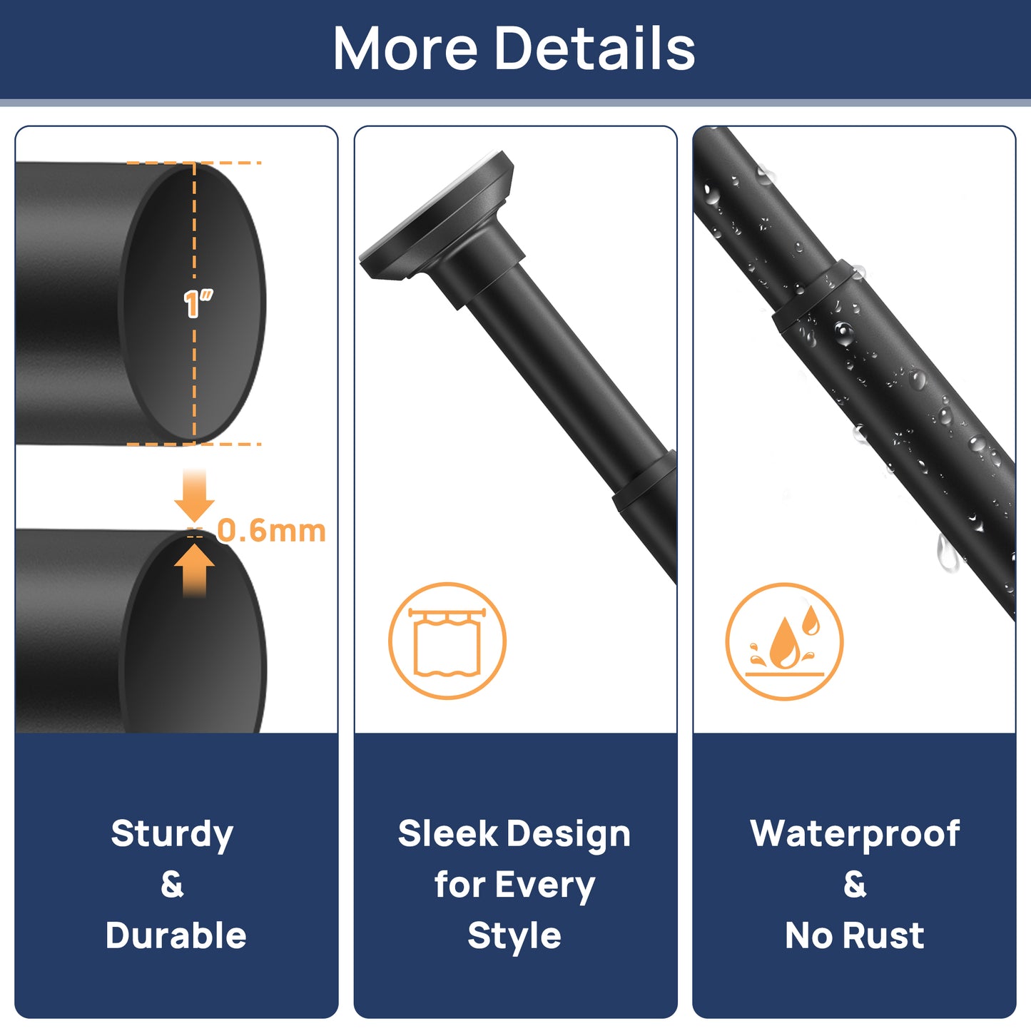 Sindcom No Drill Shower Curtain Rod 30 to 88 Inches Matte Black, 1 Inch Stainless Steel Adjustable Spring Tension Rods No Drill for Bathroom, Closet, Window, Room Divider, Never Rust, Non Slip