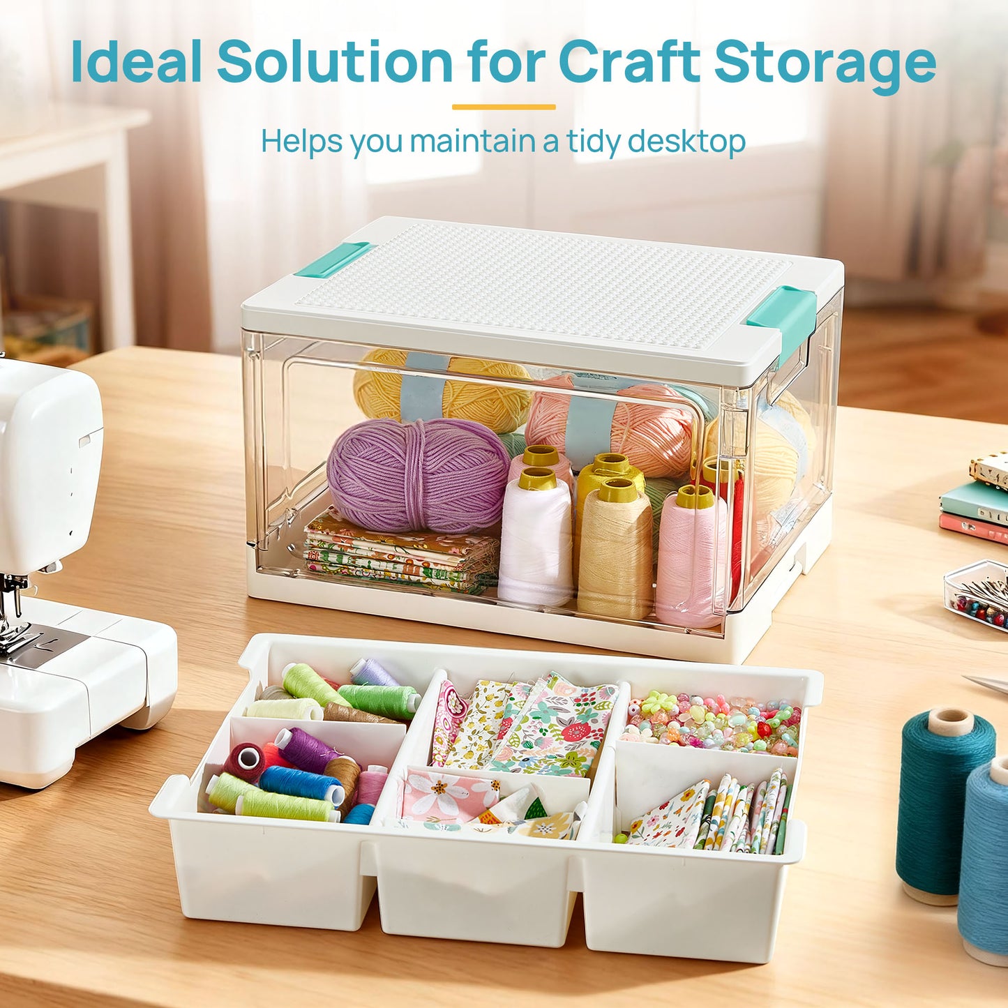 Sindcom 24 QT Plastic Storage Box with Building Baseplate Lid and Removable Tray,Craft Organizer and Storage for Art Supplies, Beads and Sewing,1 Pack