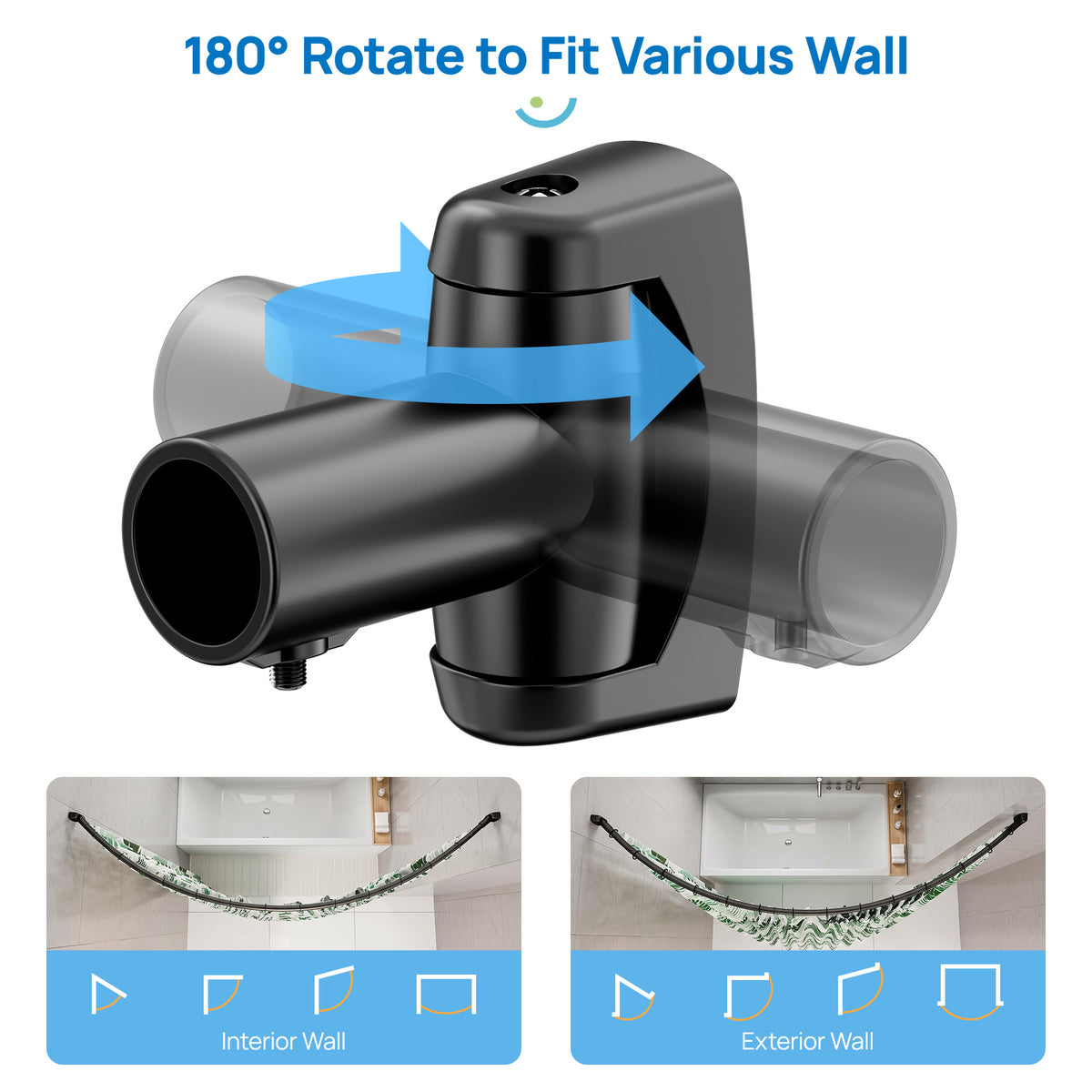 Sindcom Curved Shower Rod, Adjustable Stainless Steel Bathroom Rod, Wall Mount Matte Black