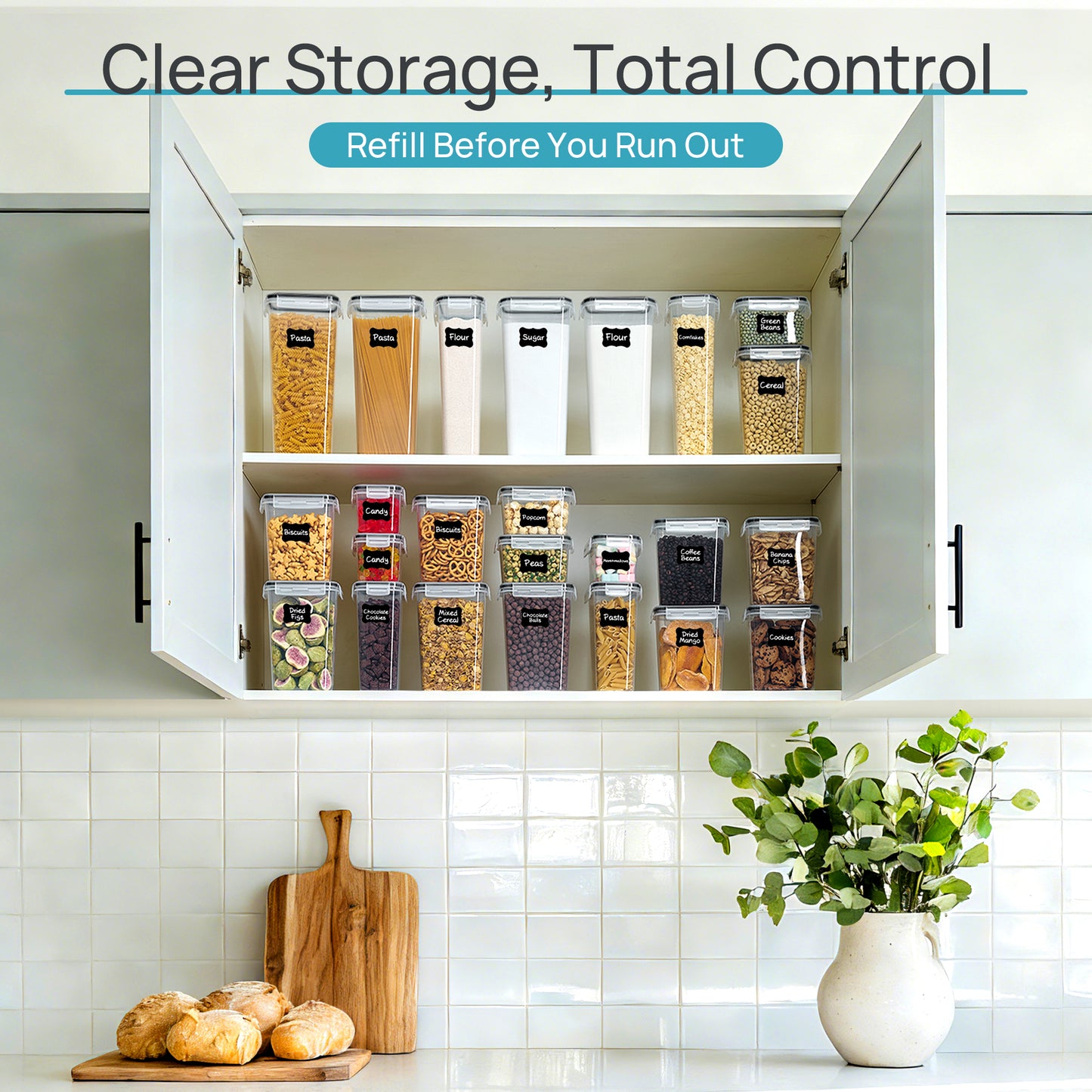 Sindcom Airtight Food Storage Containers with Lids, 24 pcs Plastic Kitchen and Pantry Organization Canisters for Cereal, Dry Food, Flour and Sugar, BPA Free, Includes 24 Labels，Black