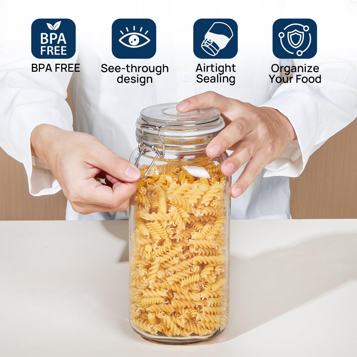 Sindcom 3 PCS Airtight Glass Jars with Lids, 3 PCS Food Storage Canister, Square Mason Jar Containers, 78oz*1+50oz*2