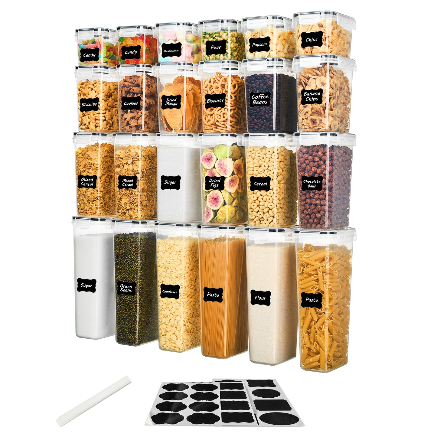 Sindcom Airtight Food Storage Containers with Lids, 24 pcs Plastic Kitchen and Pantry Organization Canisters for Cereal, Dry Food, Flour and Sugar, BPA Free, Includes 24 Labels，Black