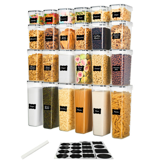 Sindcom Airtight Food Storage Containers with Lids, 24 pcs Plastic Kitchen and Pantry Organization Canisters for Cereal, Dry Food, Flour and Sugar, BPA Free, Includes 24 Labels，Black