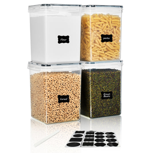 Sindcom 4 PCS Large Food Storage Containers 5.2L / 175oz, 4 Pieces BPA Free Plastic Airtight Canisters for Flour, Sugar, Baking Supplies, Rice with Lids, 4 Measuring Cups and 24 Labels, Black