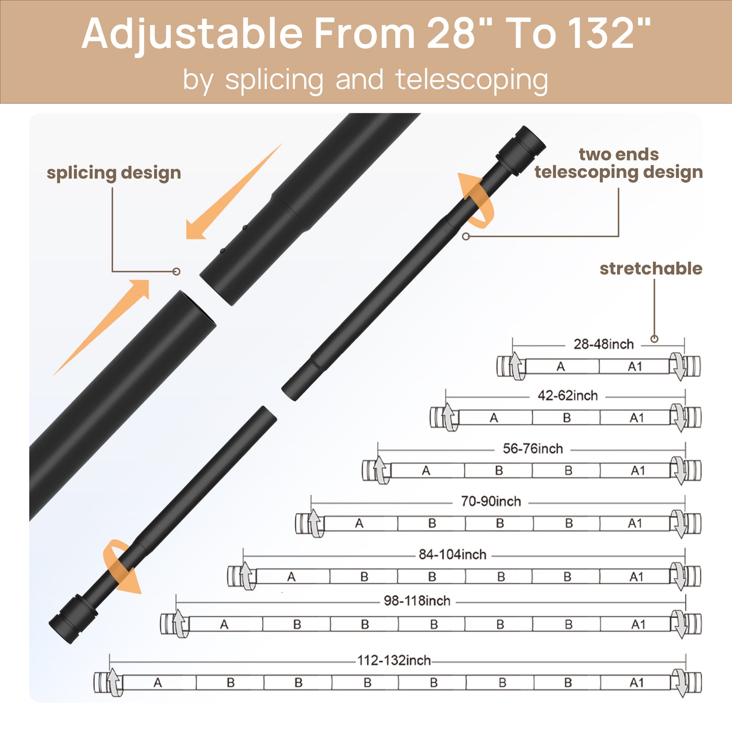 Sindcom Matte Black Curtain Rods for Windows 66 to 120 Inches, 1 Inch Diameter Adjustable Heavy Duty Drapery Rod with Brackets for Living Room, 28"-132"