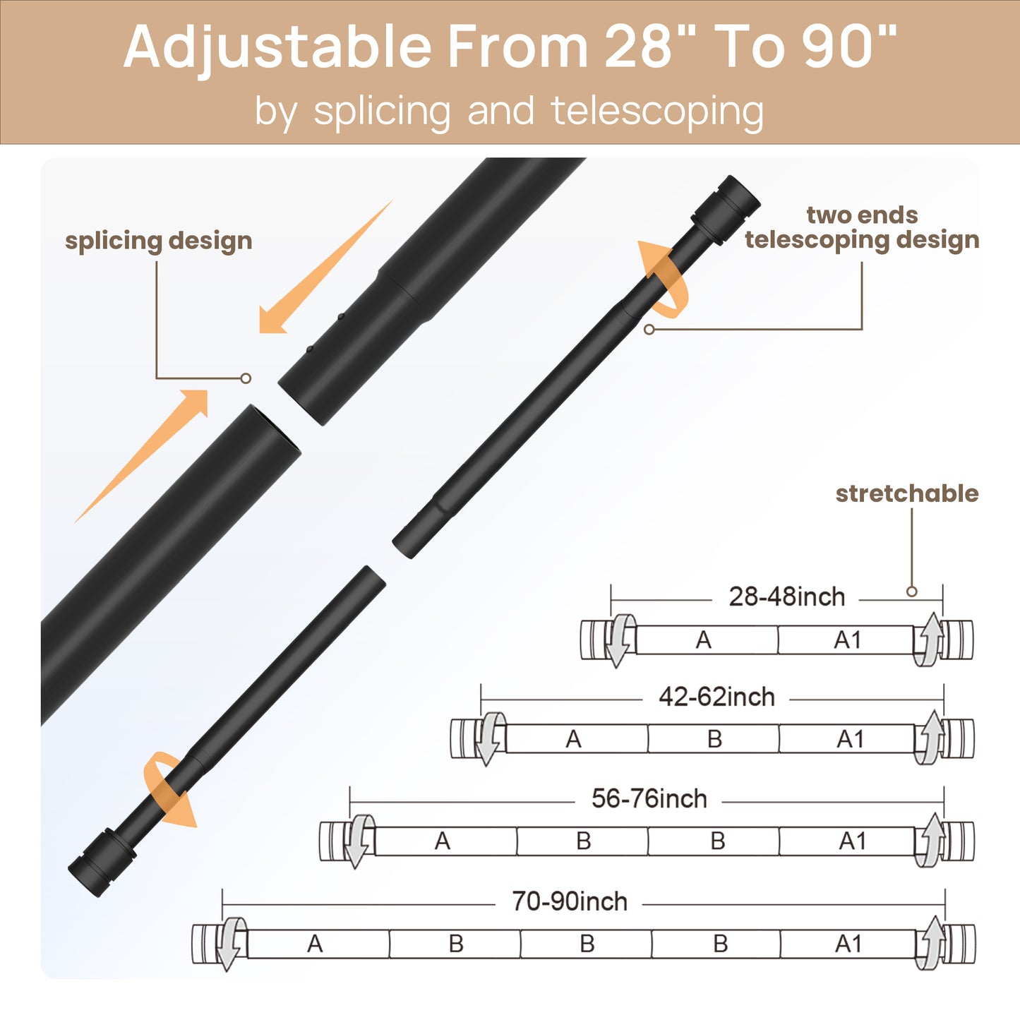 Sindcom Matte Black Curtain Rods for Windows 48 to 84 Inches, 1 Inch Diameter Adjustable Heavy Duty Drapery Rod with Brackets for Bedroom, 28"-90"