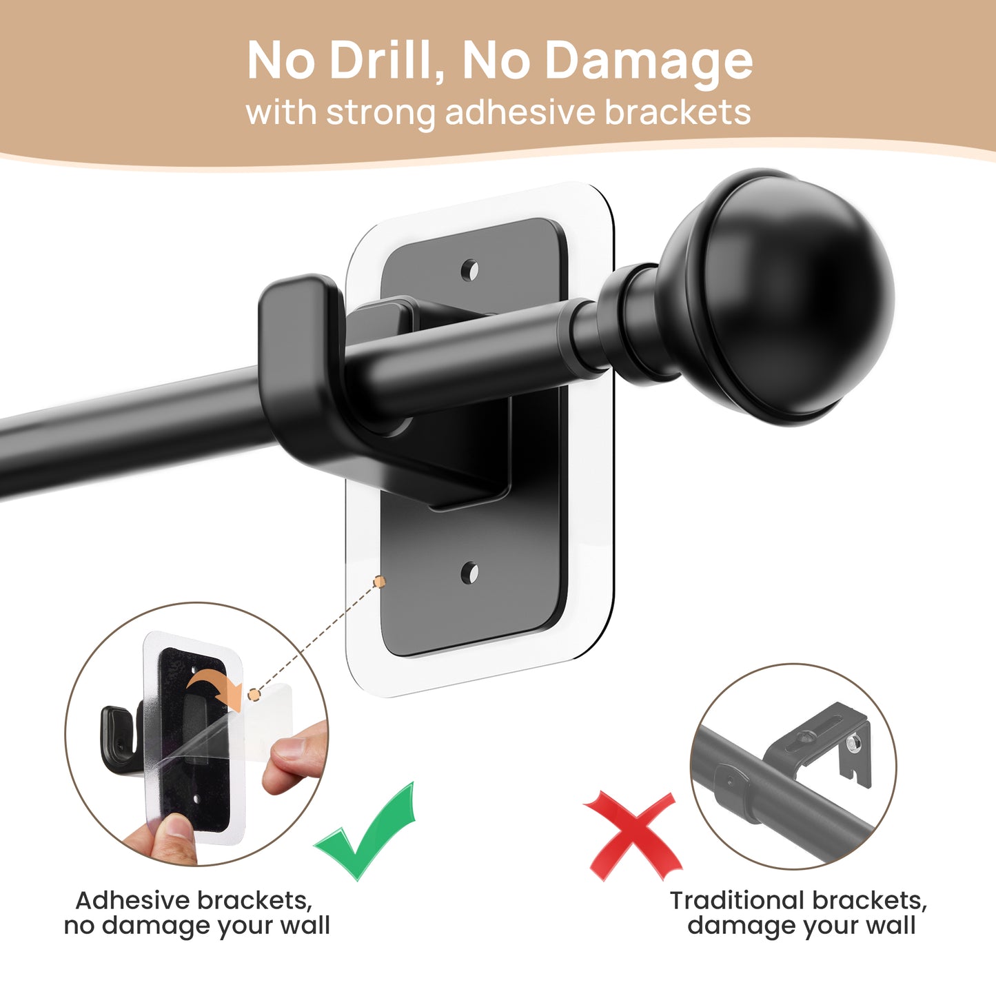 Sindcom No Drill Curtain Rods for Window 48 to 84 Inches, 5/8 Inch Diameter Renter Friendly Drapery Rod with Adhesive Brackets without Drilling, Adjustable from 27 to 90 Inches, Black