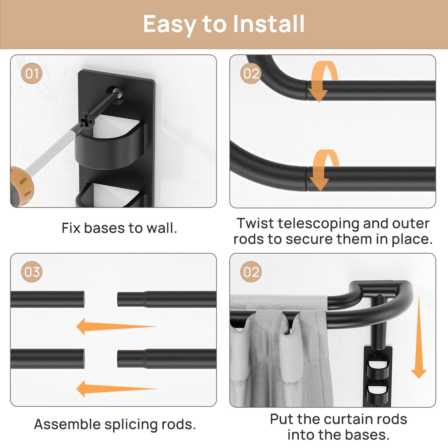 Sindcom Double Curtain Rod，Blackout Wrap-Around Curtain Rods for Windows 66 to 120 Inch for Room Darkening Curtains，Adjustable from 32 to 129 Inch, Matte Black