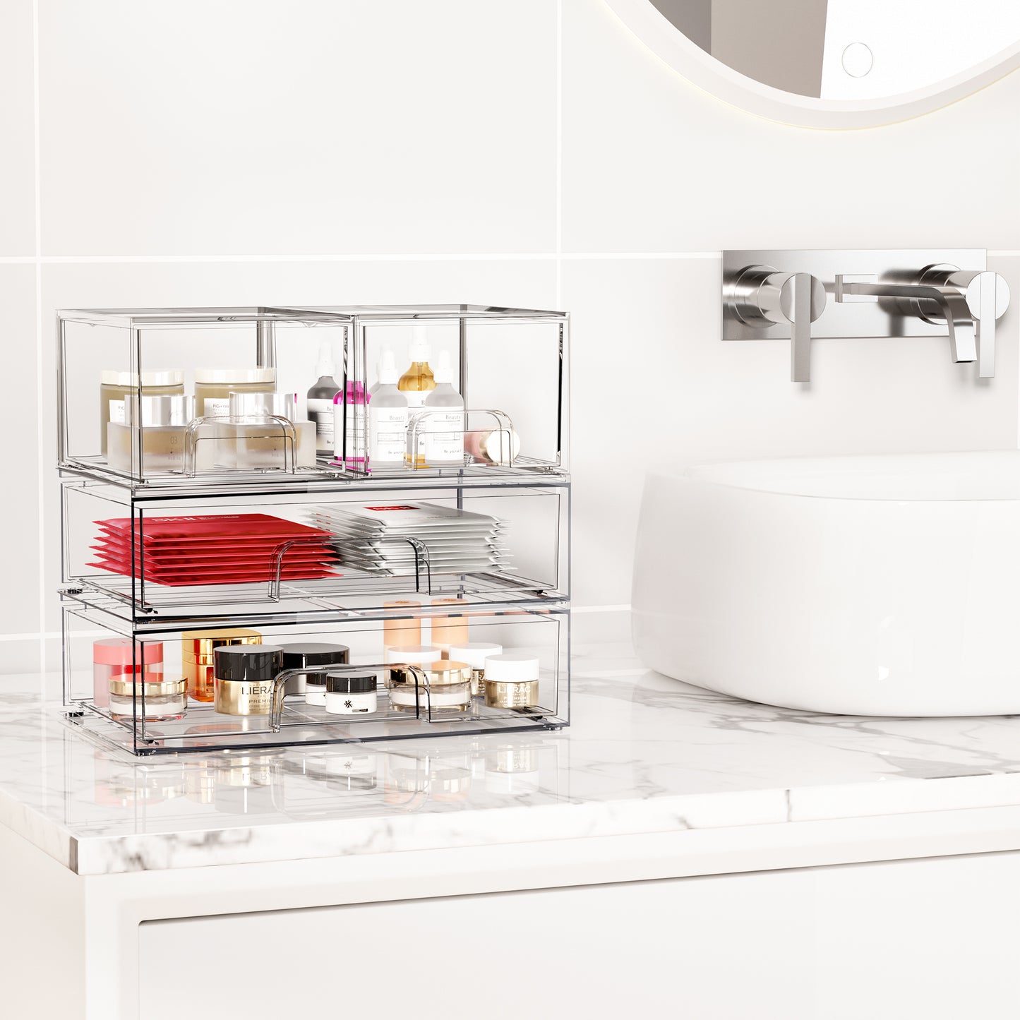 Sindcom Stackable Storage Drawers Set of 4,Clear Plastic Organizer Bins for Makeup, Cosmetics, Beauty Supplies
