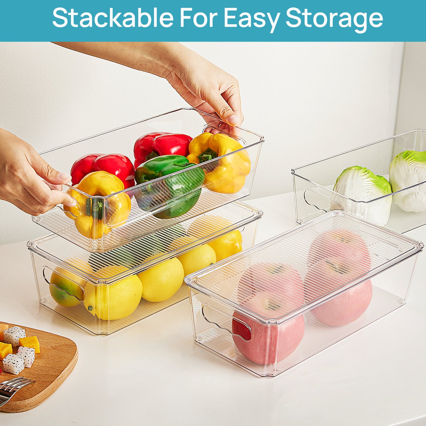 Sindcom 6pcs Clear Organizers Bins with Lids, Stackable Plastic Storage Containers with Handles
