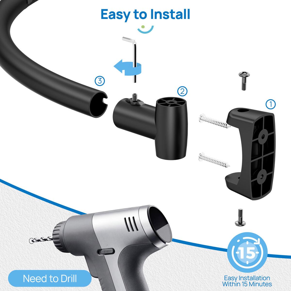 Sindcom Curved Shower Rod, Adjustable Stainless Steel Bathroom Rod, Wall Mount Matte Black