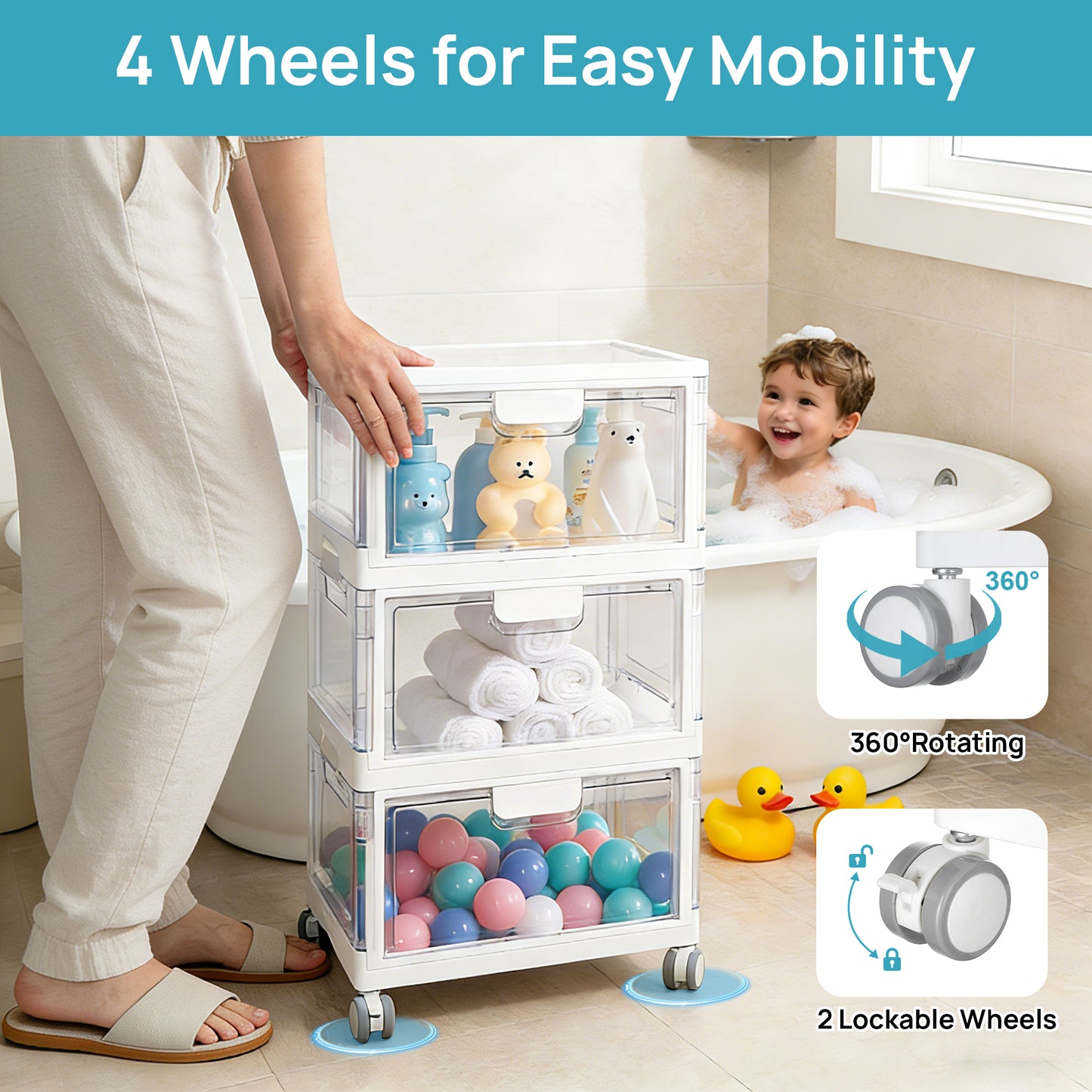 Kids Toy Storage Organizer with Clear Bins & Wheels, 72Qt Foldable Stackable Storage Containers with Lids for Baby Diapers, Wipes, Toys, Nursery & Playroom Organization, White