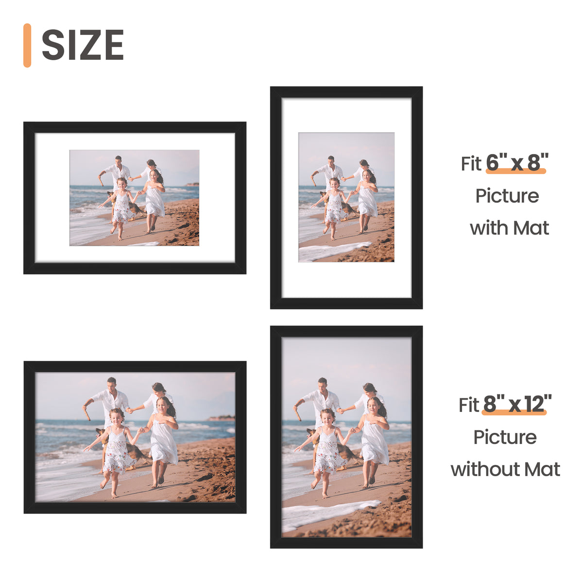 Sindcom 8x12 Picture Frame , Black , Gallery Wall Frame , Display Pictures 6x8 with Mat or 8x12 Without Mat, Photo Frames