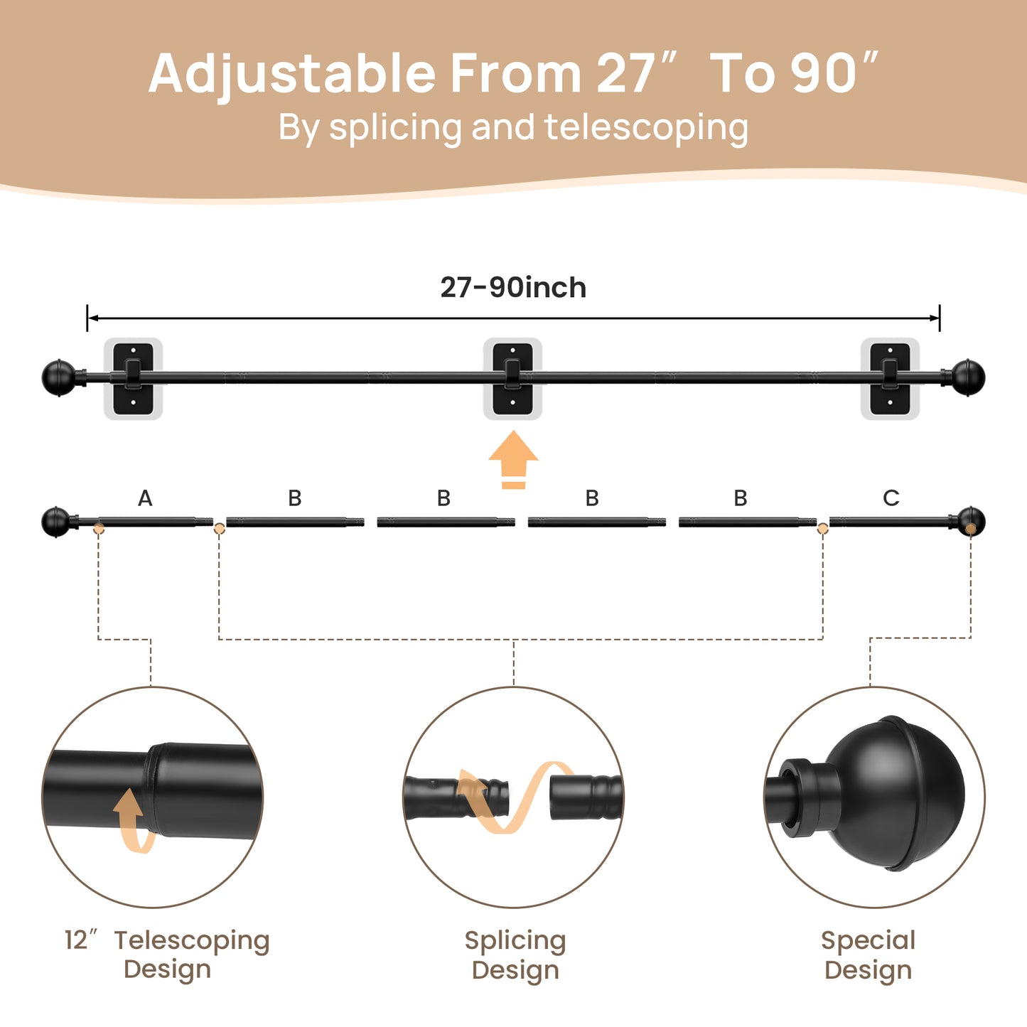 Sindcom No Drill Curtain Rods for Window 48 to 84 Inches, 5/8 Inch Diameter Renter Friendly Drapery Rod with Adhesive Brackets without Drilling, Adjustable from 27 to 90 Inches, Black
