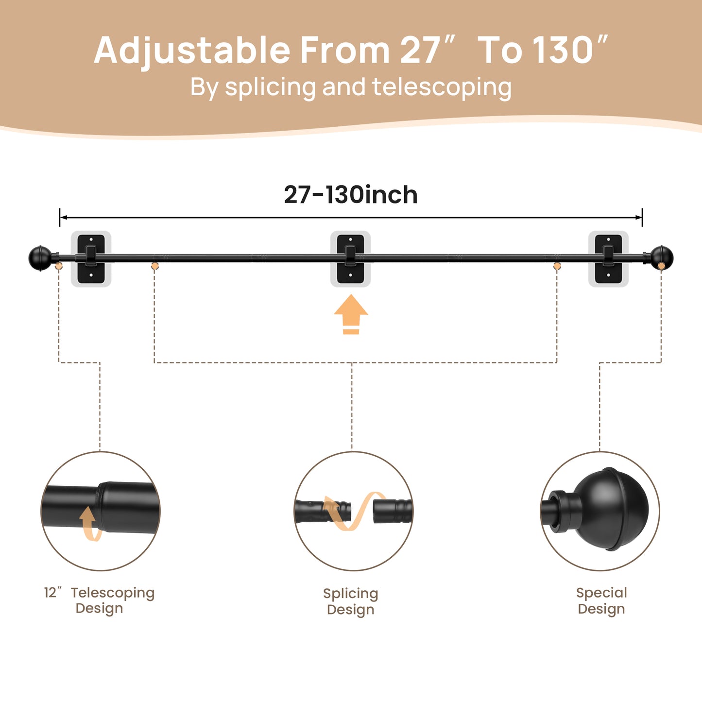 Sindcom No Drill Curtain Rods for Window 66 to 120 Inches, 5/8 Inch Diameter Renter Friendly Drapery Rod with Adhesive Brackets without Drilling, Adjustable from 27 to 130 Inches, Black