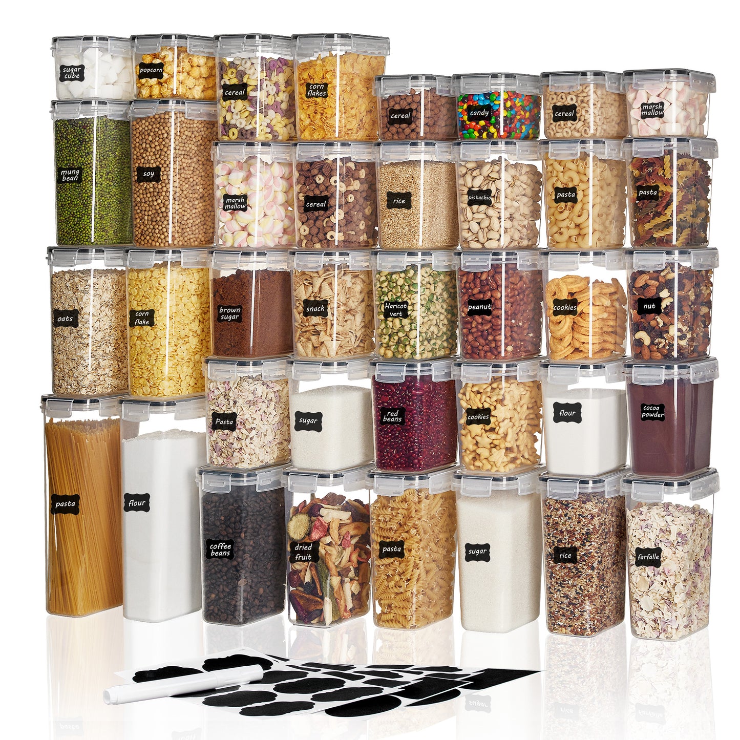 Sindcom Airtight Food Storage Containers Set, 38pcs Plastic Kitchen and Pantry Organization Canisters, Black