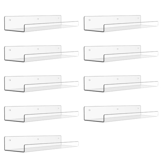 15" Acrylic Floating Shelves Wall Mounted, Upsimples 9pack Clear Acrylic Shelves, for Bedroom, Living Room, Bathroom, Kitchen