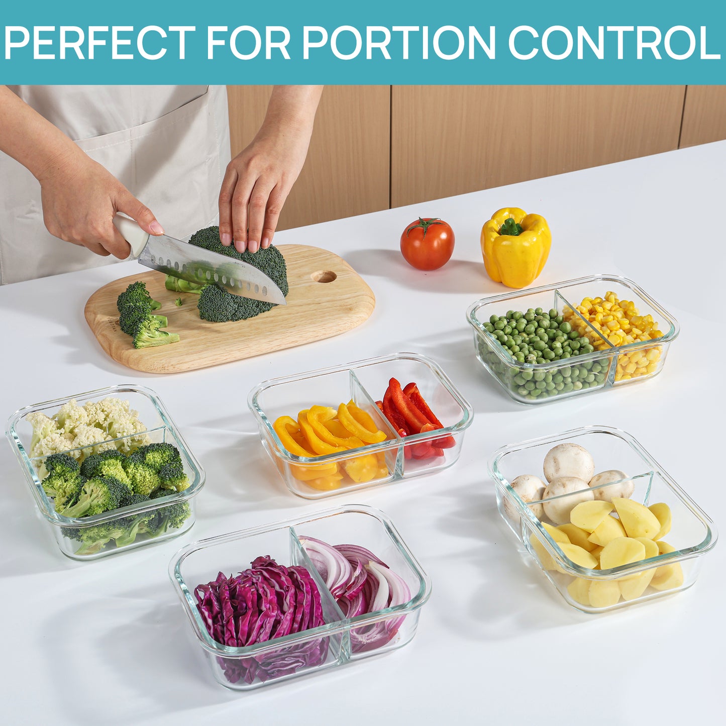 Sindcom 5 Pack 33oz Glass Storage Containers with Lids, 2 Compartments Meal Prep Containers, Airtight Lunch Boxes with Snap Locking Lids for Microwave, Oven, Freezer, Dishwasher