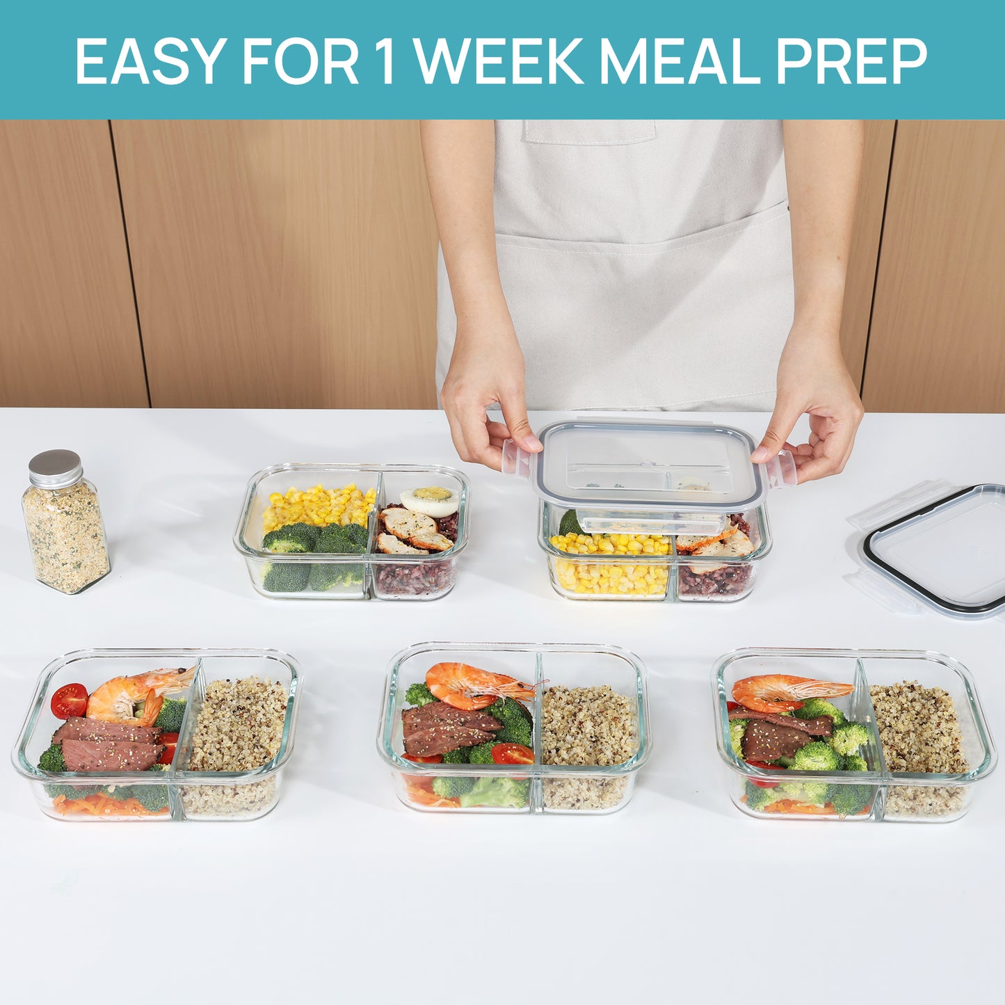 Sindcom 5 Pack 33oz Glass Storage Containers with Lids, 2 Compartments Meal Prep Containers, Airtight Lunch Boxes with Snap Locking Lids for Microwave, Oven, Freezer, Dishwasher