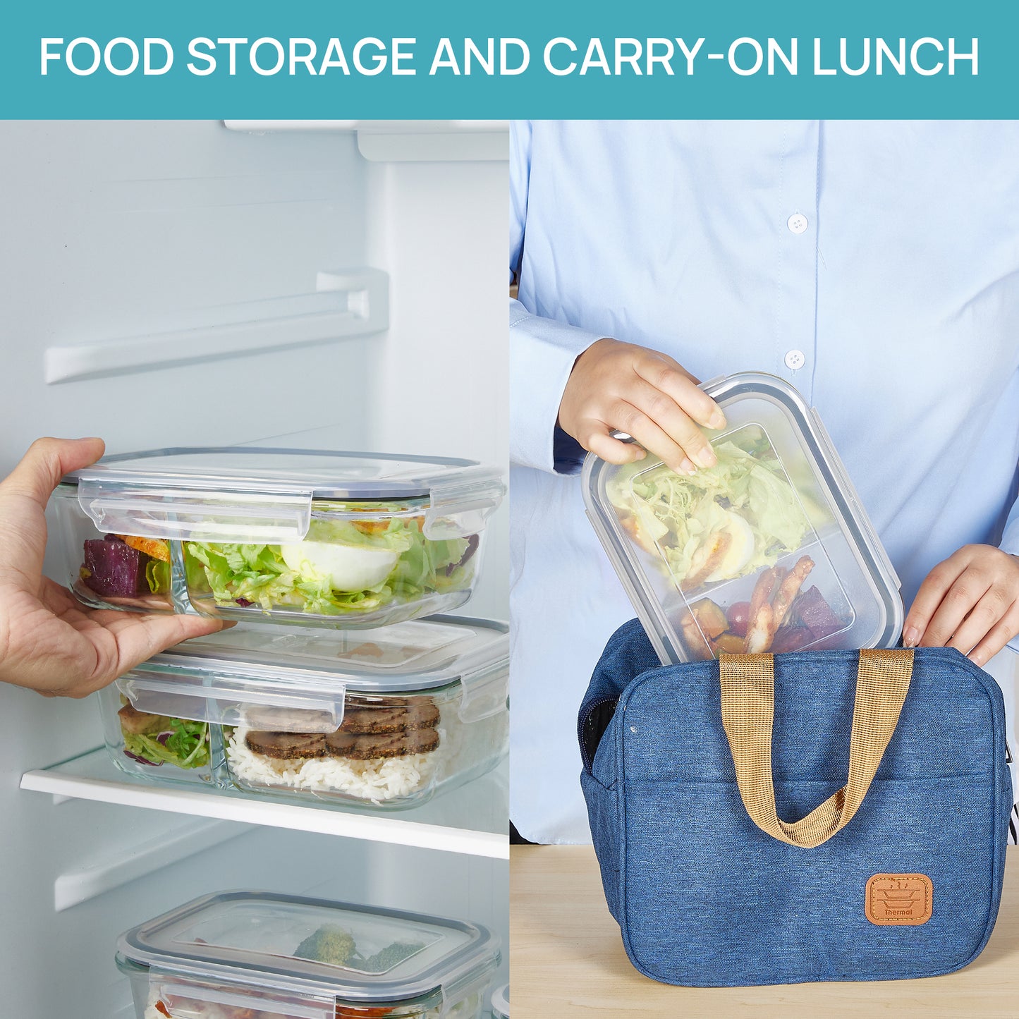 Sindcom 5 Pack 33oz Glass Storage Containers with Lids, 2 Compartments Meal Prep Containers, Airtight Lunch Boxes with Snap Locking Lids for Microwave, Oven, Freezer, Dishwasher
