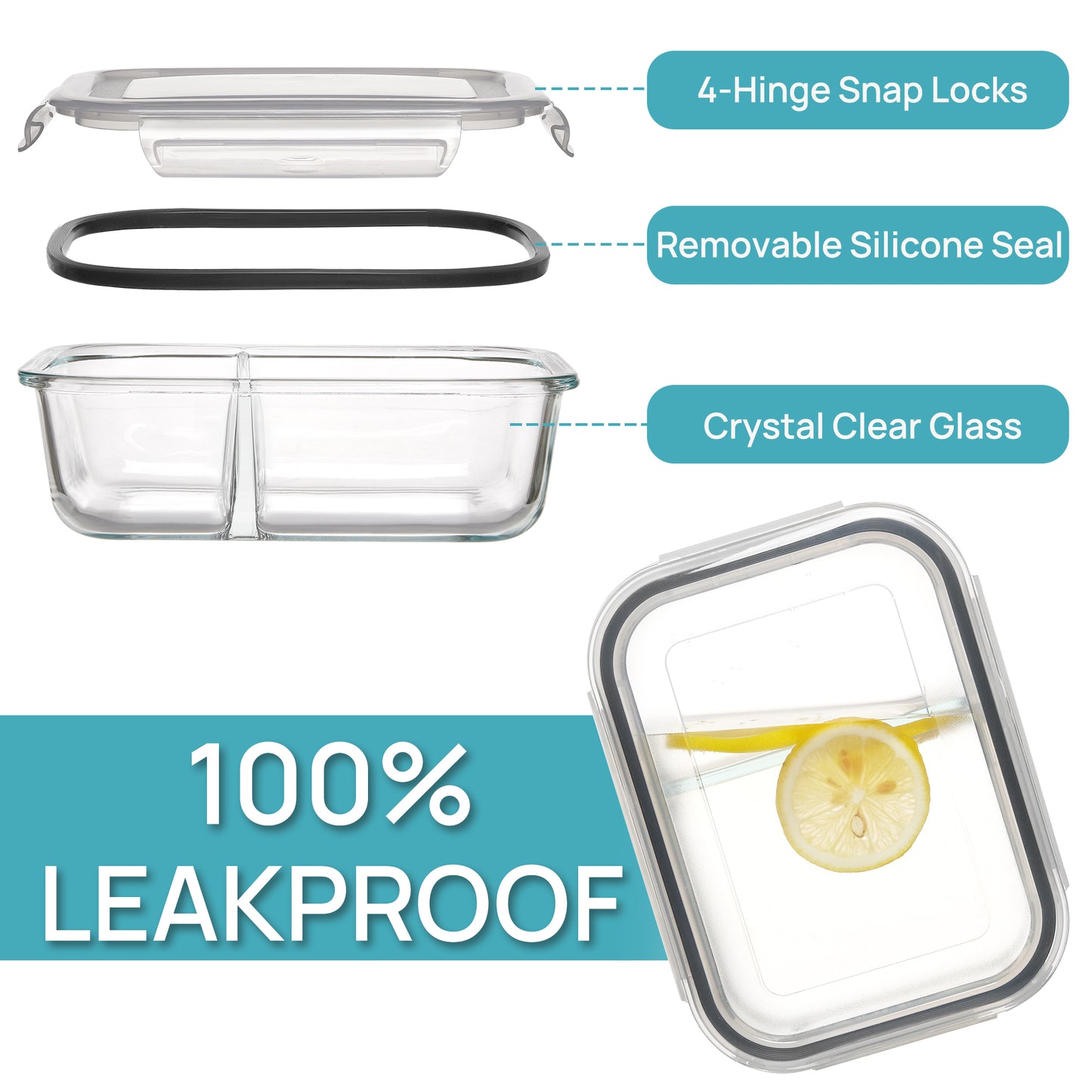 Sindcom 5 Pack 33oz Glass Storage Containers with Lids, 2 Compartments Meal Prep Containers, Airtight Lunch Boxes with Snap Locking Lids for Microwave, Oven, Freezer, Dishwasher