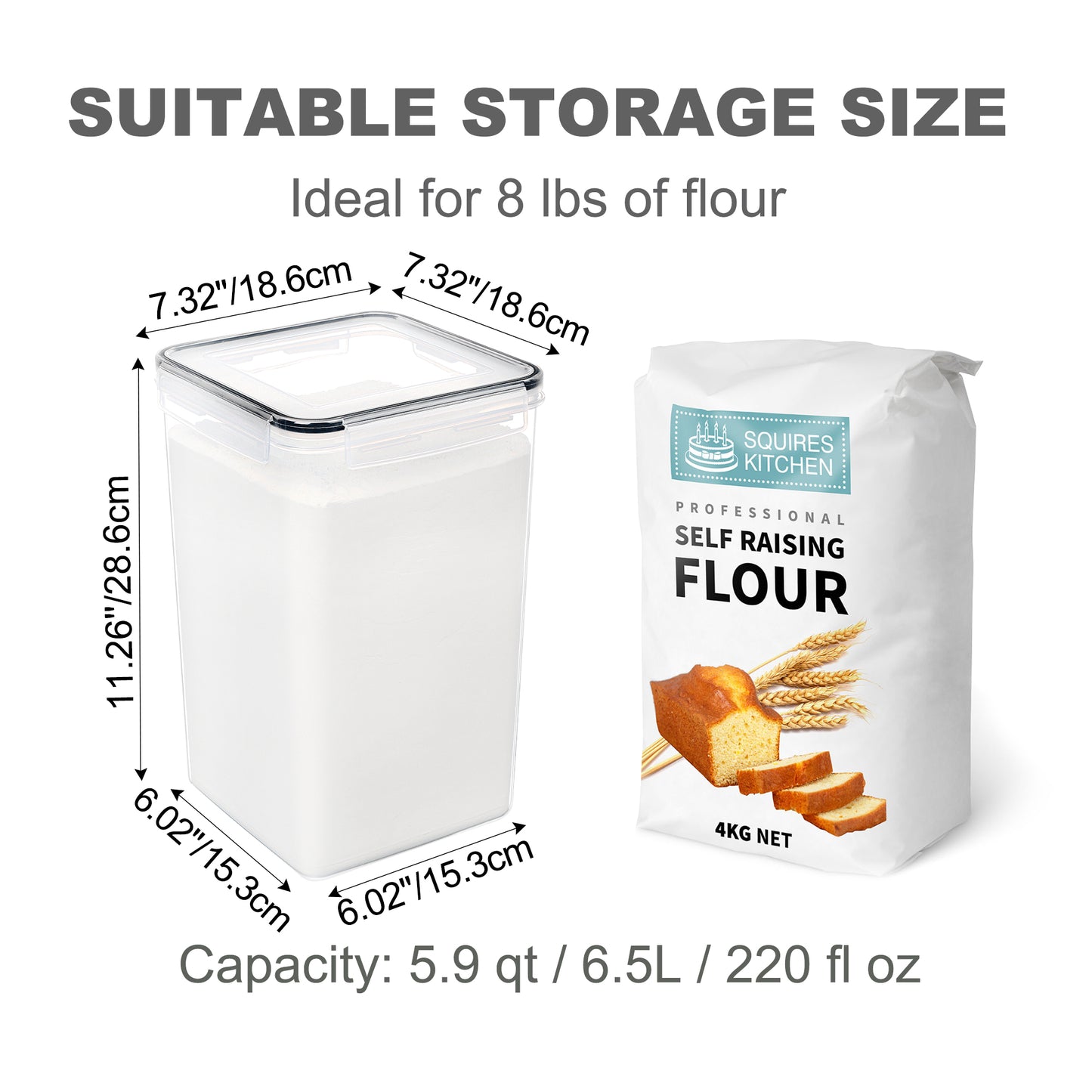 Sindcom Airtight Storage Canisters for Flour, Sugar, 2 Pcs Large Food Storage Containers, 6.5L /219.79fl oz