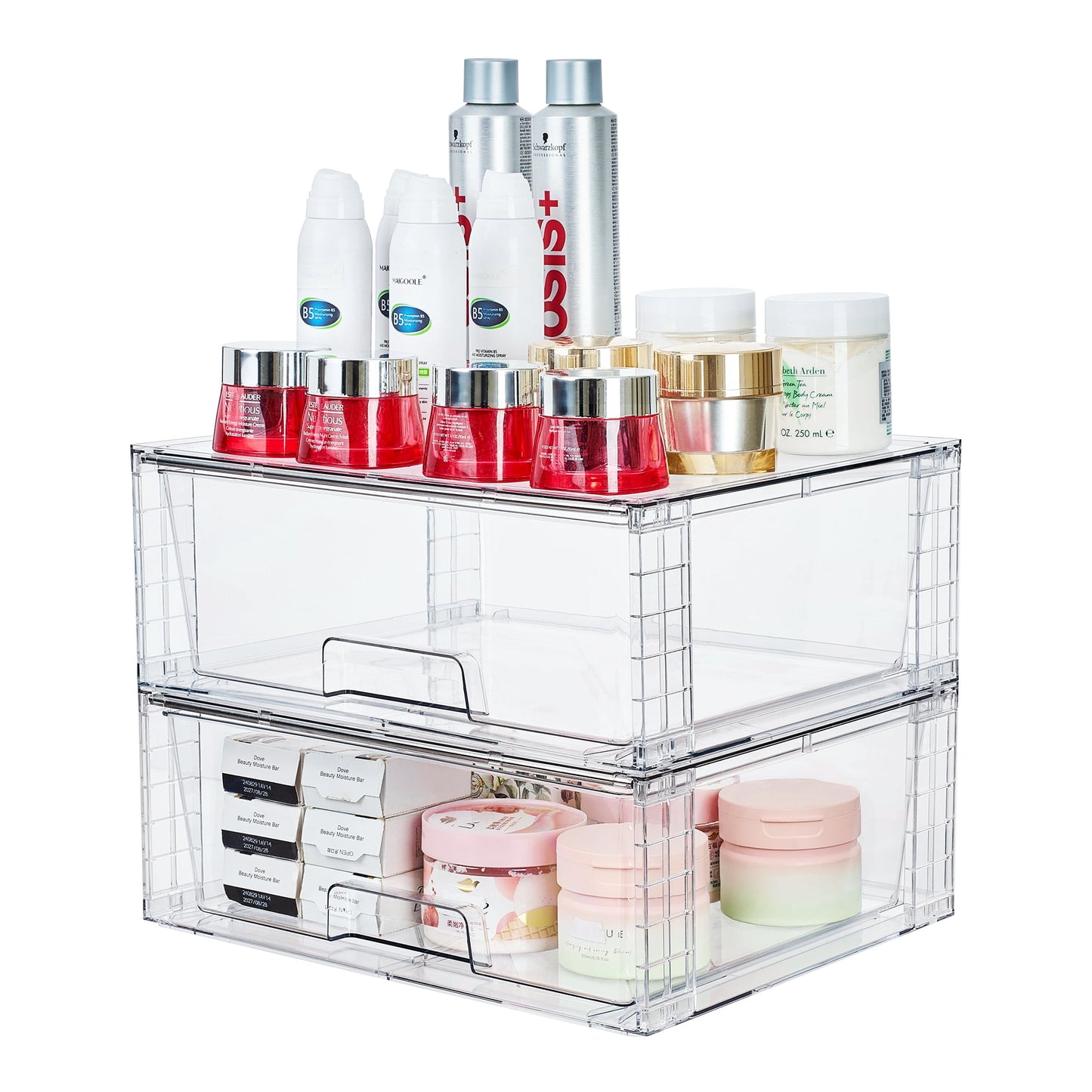 Sindcom 2 Pack Large Stackable Storage Drawers,Easily Assemble Clear Acrylic Makeup Organizer, Bathroom Closet Undersink Organizers, Plastic Storage Bins for Cabinet, Pantry, Medicine Organization