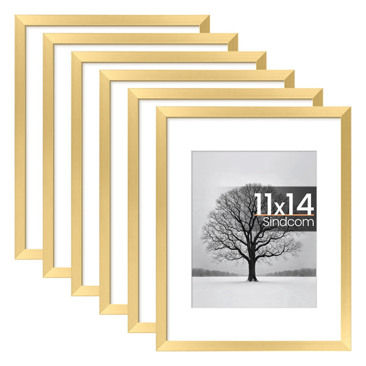 Sindcom 6 Pack 11x14 Picture Frames,Display Pictures 8x10 with Mat or 11x14 Without Mat,Gallery Wall Photo Frames, Gold
