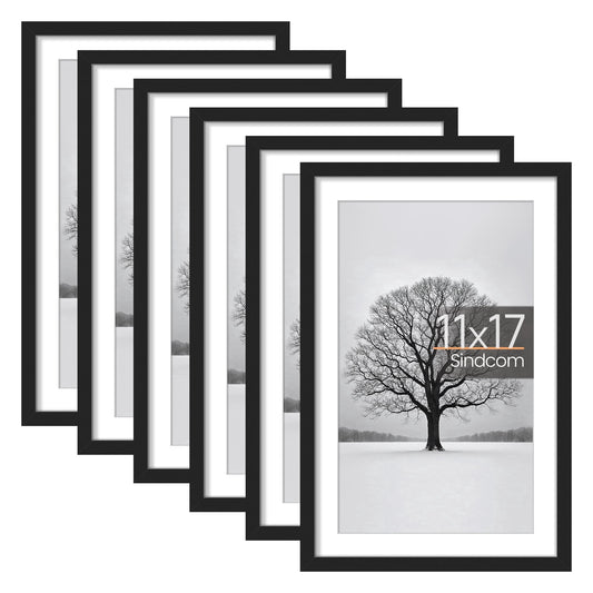 Sindcom 6 Pack 11x17 Picture Frames,Display Pictures 9x15 with Mat or 11 x 17 Without Mat,Gallery Wall Photo Frames, Black