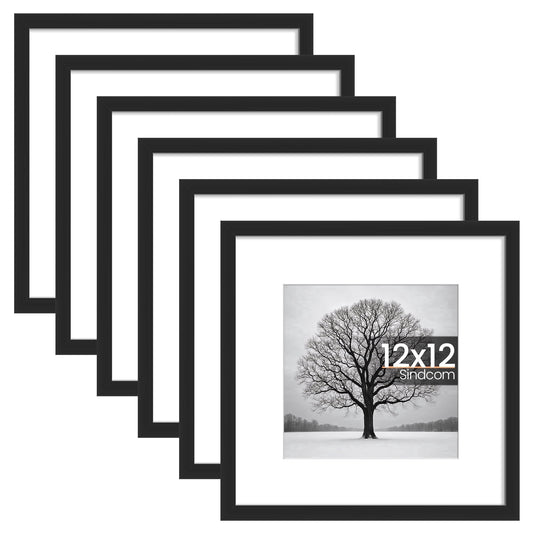 Sindcom 6 Pack 12x12 Picture Frames,Display Pictures 8x8 with Mat or 12x12 Without Mat,Gallery Wall Photo Frames, Black
