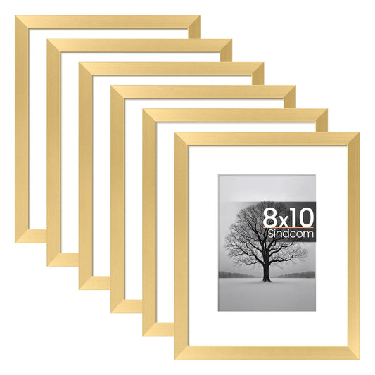 Sindcom 6 Pack 8x10 Picture Frames,Display Pictures 5x7 with Mat or 8 x 10 Without Mat,Gallery Wall Photo Frames, Gold