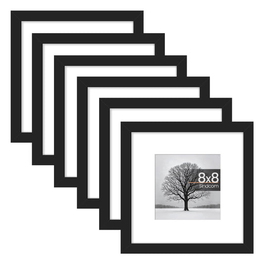 Sindcom 6 Pack 8x8 Picture Frames,Display Pictures 4x4with Mat or 8x8 Without Mat,Gallery Wall Photo Frames, Black