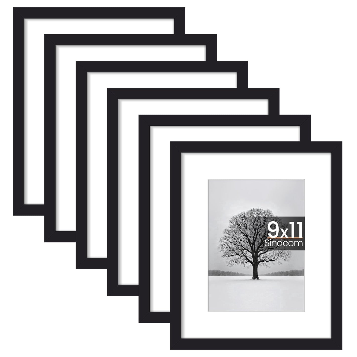 Sindcom 6 Pack 9x11 Picture Frames,Display Pictures 6x8 with Mat or 9x11 Without Mat,Gallery Wall Photo Frames, Black
