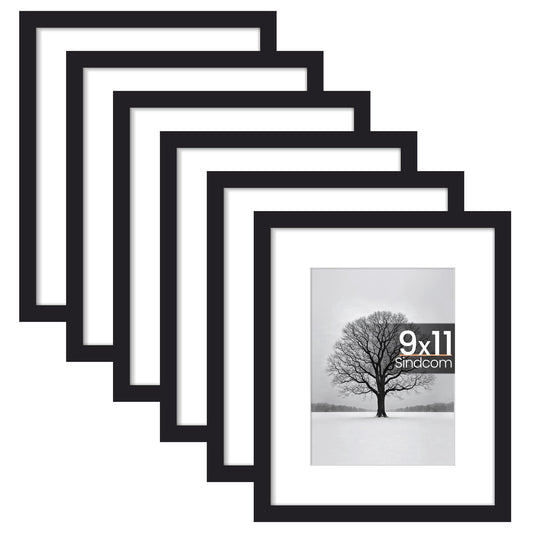 Sindcom 6 Pack 9x11 Picture Frames,Display Pictures 6x8 with Mat or 9x11 Without Mat,Gallery Wall Photo Frames, Black