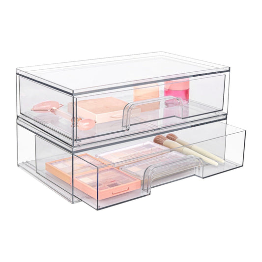 Sindcom Clear Stackable Storage Drawers,2 Pack Acrylic Plastic Organizers Bins for Makeup Palettes, Cosmetics, and Beauty Supplies,Ideal for Vanity, Bathroom,Cabinet,Desk Organization