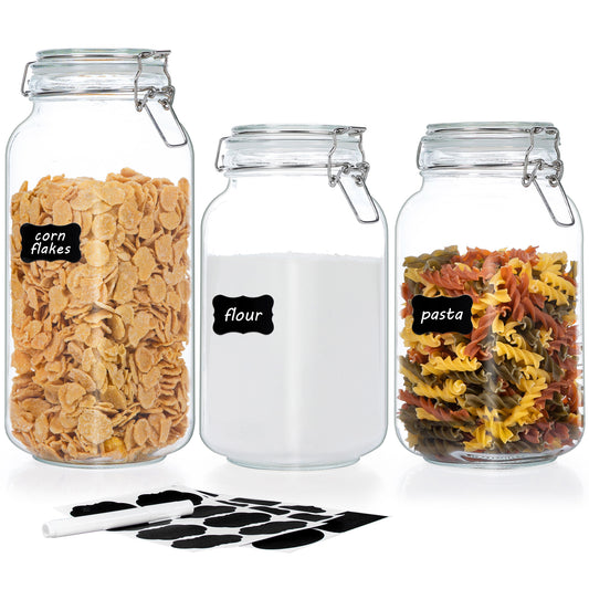 Sindcom 3 PCS Airtight Glass Jars with Lids, 3 PCS Food Storage Canister, Square Mason Jar Containers, 78oz*1+50oz*2
