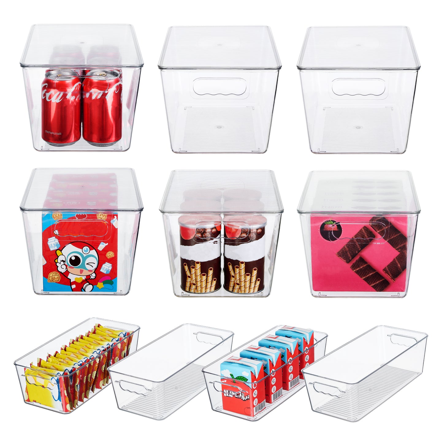 Sindcom 10 Pack Clear Plastic Storage Bins with Handles, Pantry Organizer Bins, for Refrigerator, Freezer, Cabinet, Kitchen, Countertops, 6 Pack Large with Lid and 4 Pack Small