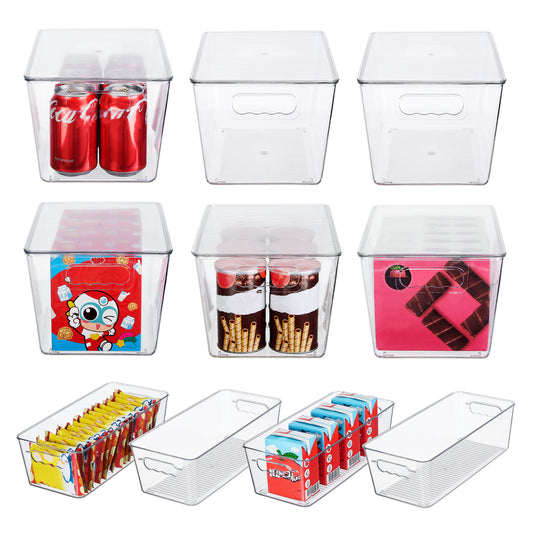 Sindcom 10 Pack Clear Plastic Storage Bins with Handles, Pantry Organizer Bins, for Refrigerator, Freezer, Cabinet, Kitchen, Countertops, 6 Pack Large with Lid and 4 Pack Small