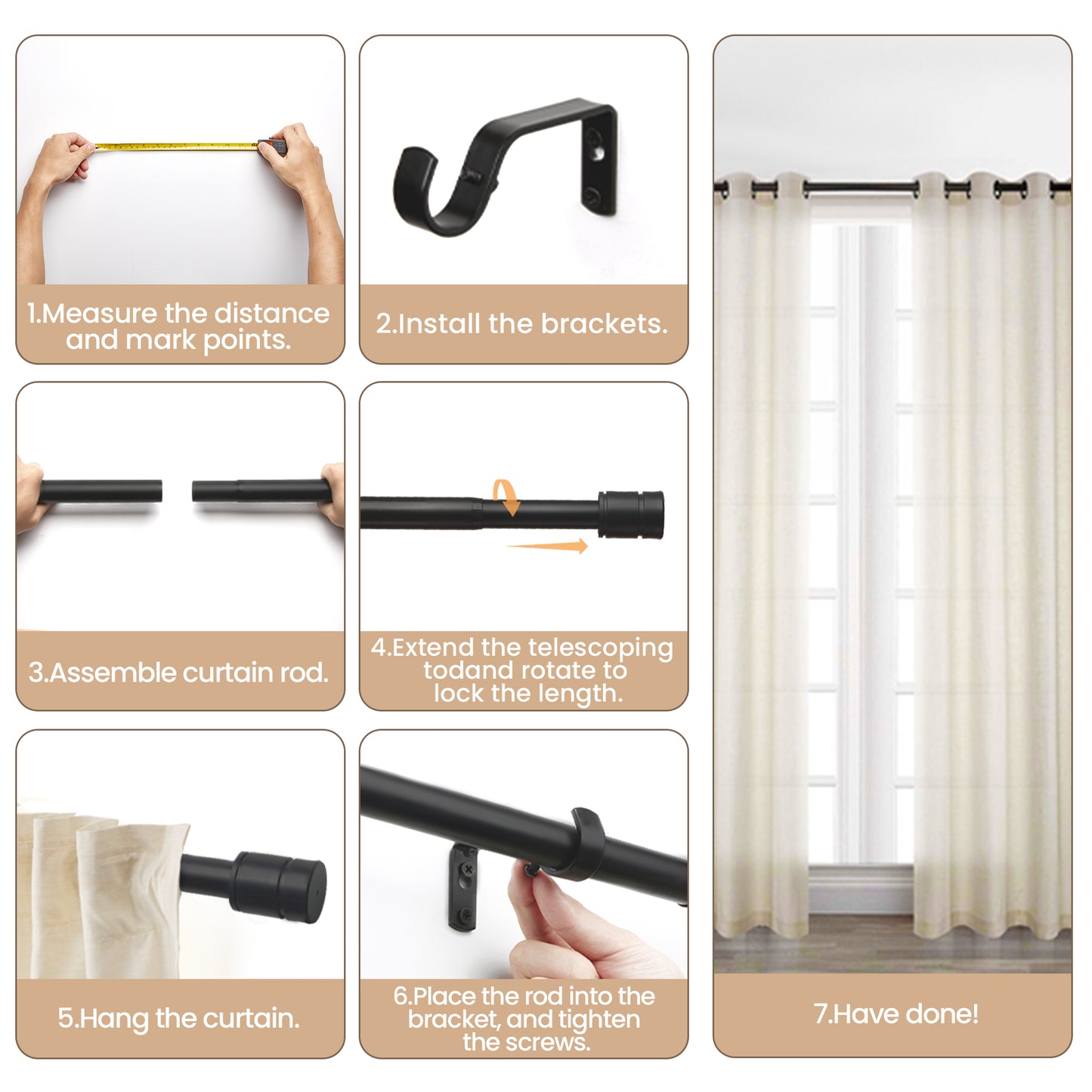 Sindcom Matte Black Curtain Rods for Windows 66 to 120 Inches, 1 Inch Diameter Adjustable Heavy Duty Drapery Rod with Brackets for Living Room, 28"-132"